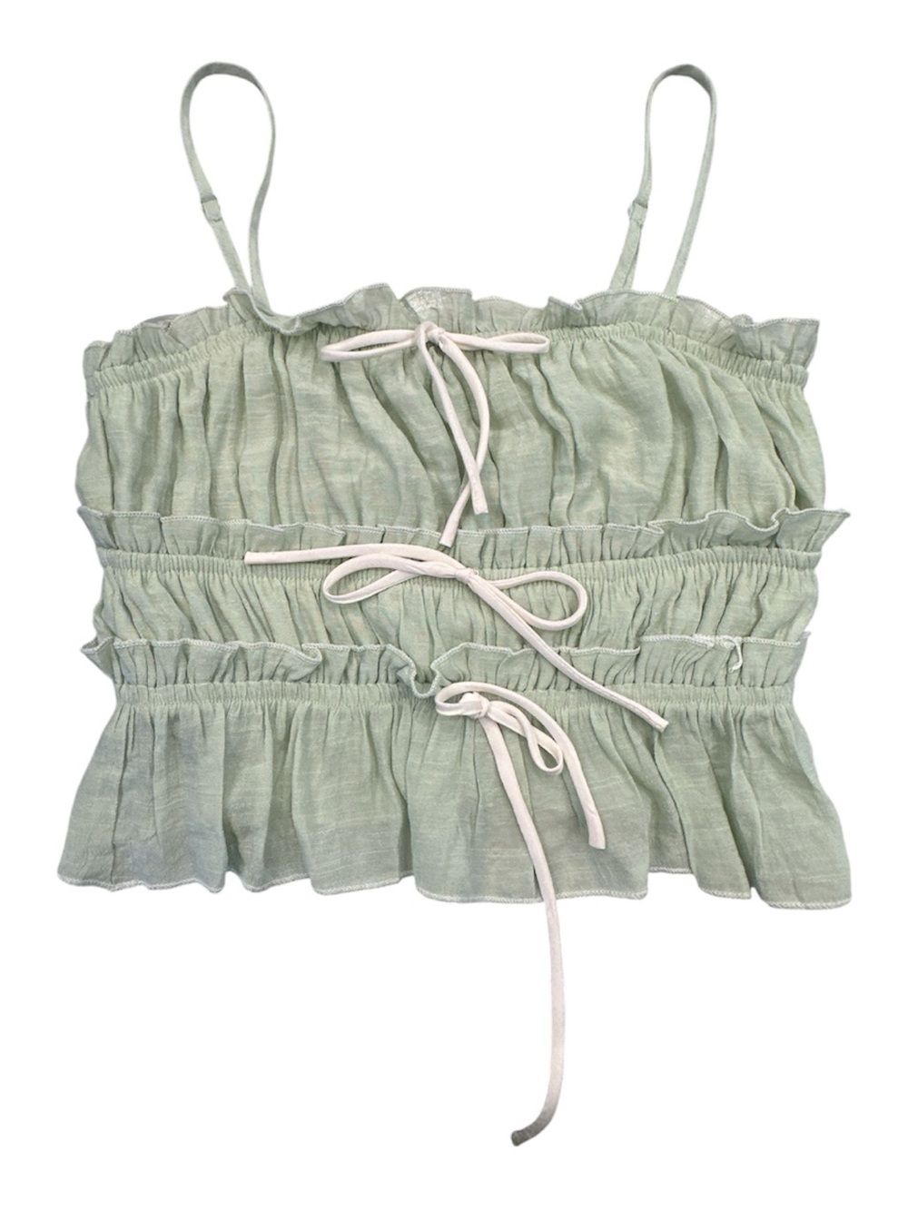 Thirty Thirty Green Smocked Ruffle Tie Front Spaghetti Strap Cami Top M